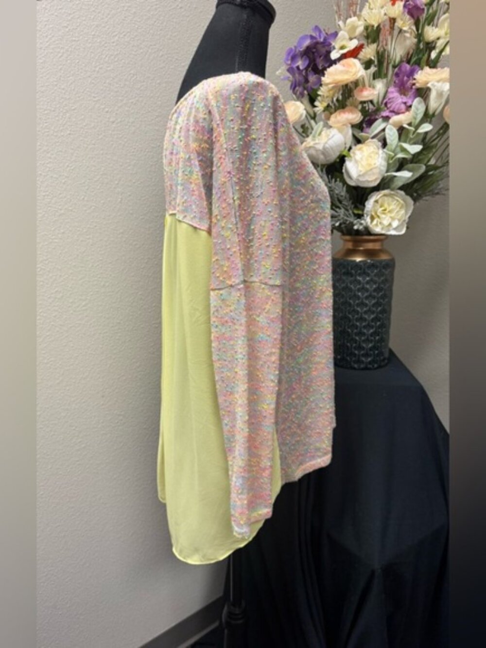 Umgee USA Medium Pastel Multicolor Knit Yellow Sheer Back Boho Tunic Top - Picture 5 of 9